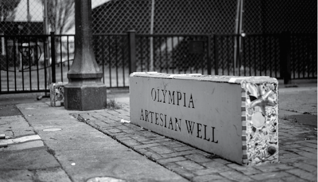 The Olympia Artesian Well cement block sign.