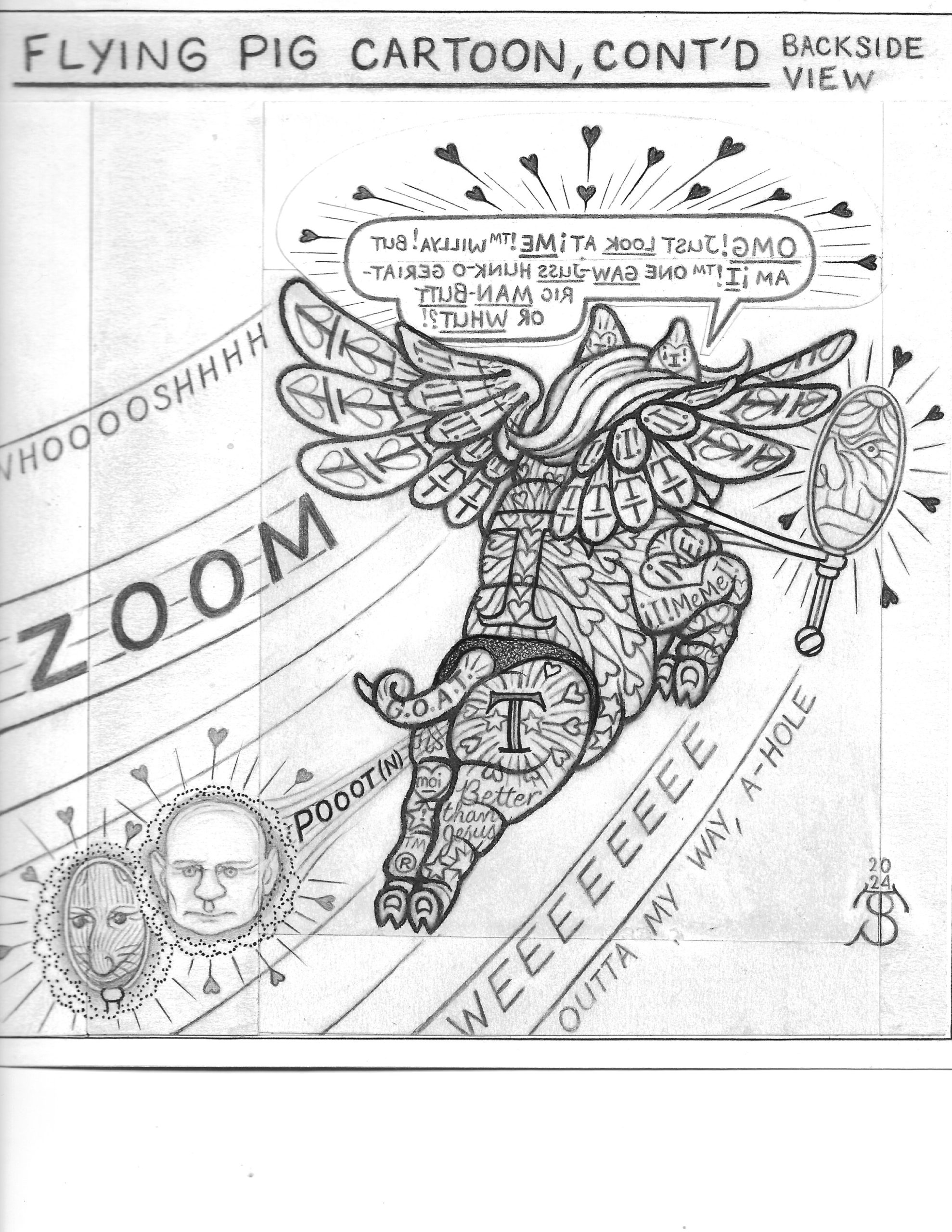 A political cartoon depicting Donald Trump as a flying pig powered by Vladimir-Putin-farts