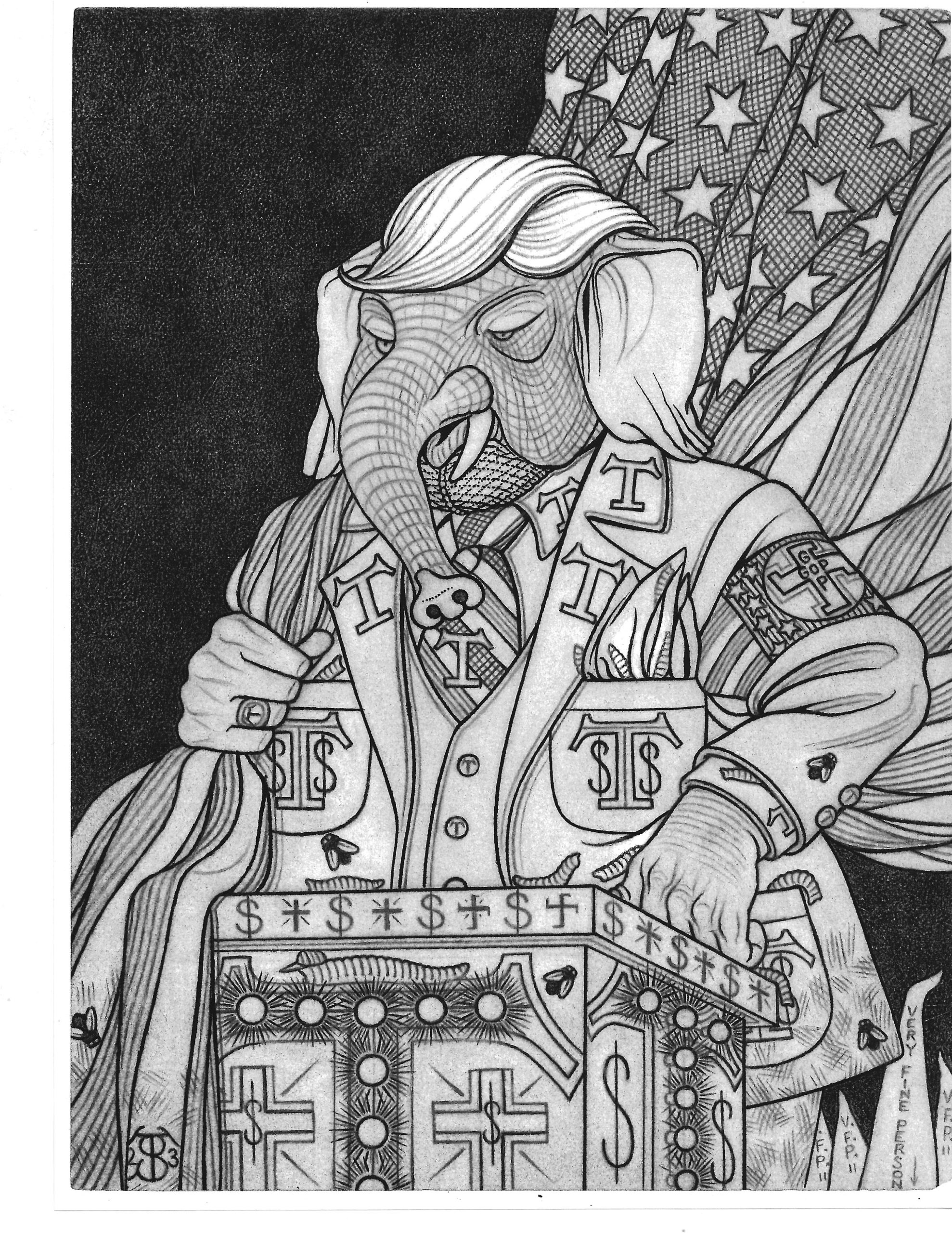 Illustration of President Trump as an elephant, styled after a propoganda poster originally depicting Adolph Hitler